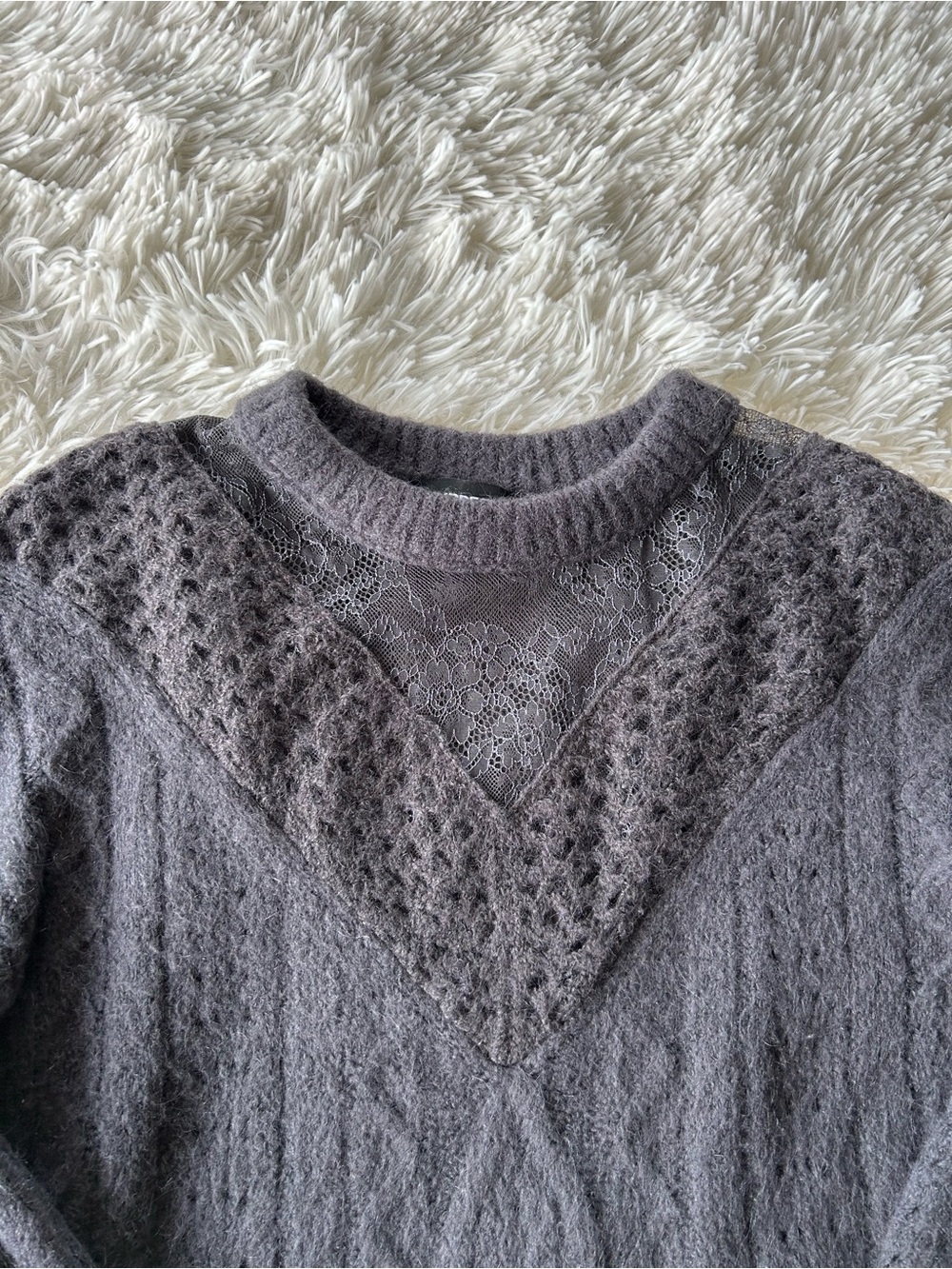 Express | Dark Charcoal Lace-Panel Crewneck Sweater - Picture 3 of 5